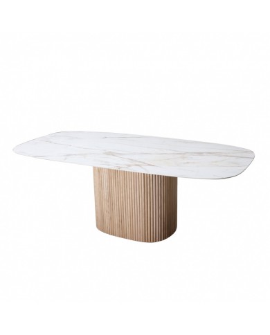 Tisch aus Teakholz mit tonnenförmiger Keramikplatte