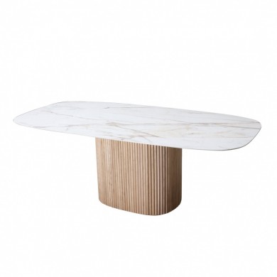 Tisch aus Teakholz mit tonnenförmiger Keramikplatte