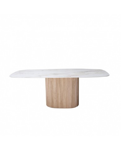 Table en TECK avec plateau en céramique en forme de tonneau