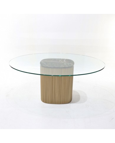 Table ovale en TECK avec plateau en verre de différentes