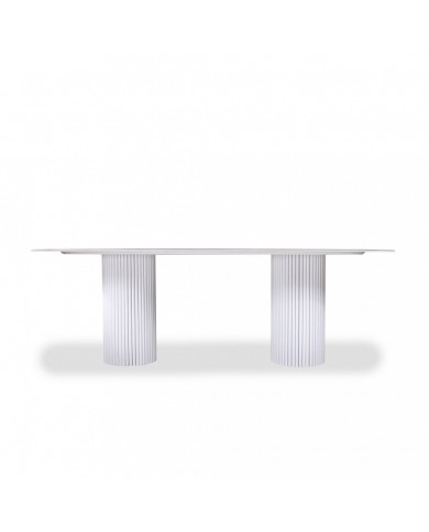 Table en TECK DEUX BASES plateau en céramique différentes