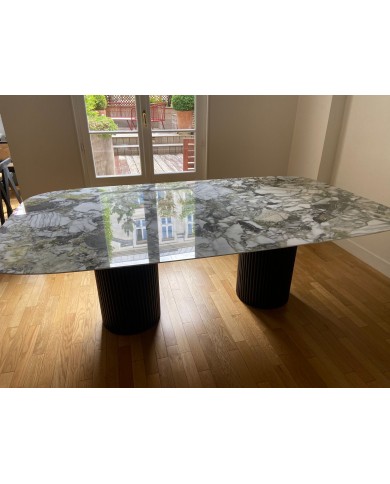Table en TECK DEUX BASES plateau en céramique différentes