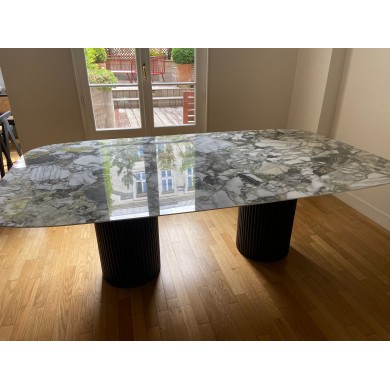 Tisch aus Teakholz mit zwei Basen, Keramikplatte in