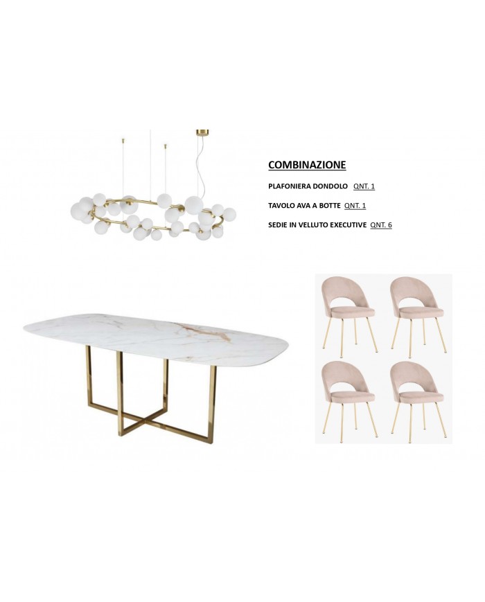 AVA TABLE MARBLE-EFFECT CERAMIC TOP + 6 EXECUTIVE VELVET CHAIRS